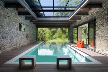 Beautiful example of pool in private house in contemporary style.