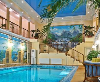 Interior design of pool in private house in artistic style.