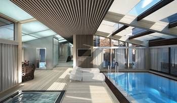 Beautiful design of pool in country house in contemporary style.
