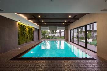 Beautiful design of pool in private house in contemporary style.