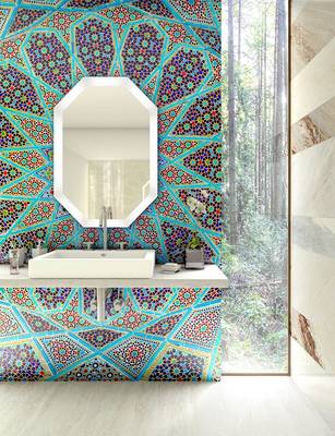 Bathroom design in cottage in ethnic style.