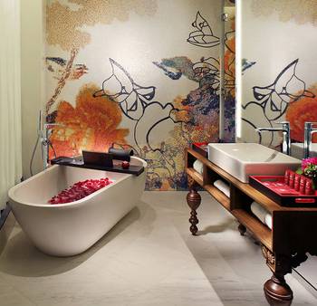 Bathroom design in house in fusion style.