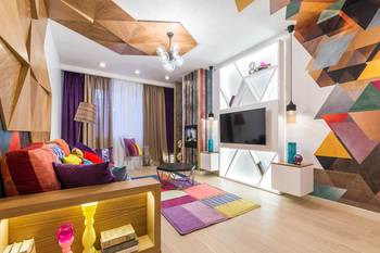 Geometric Kaleidoscope: Vibrant Eclectic Interior with Triangular Motifs