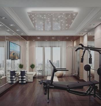 Interior design of gym in country house.