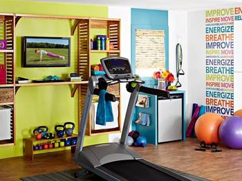 Interior design of gym in private house in fusion style.