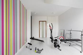 Beautiful design of gym in country house in fusion style.