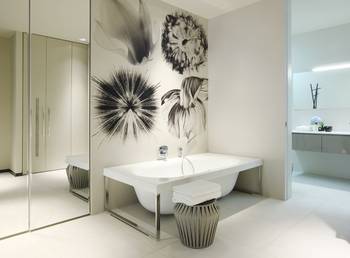 Interior design of bathroom in country house in contemporary style.