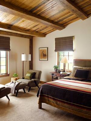 Interior of attic in cottage in Chalet style.