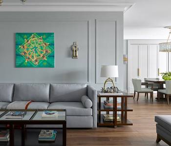 Modern Elegance: Gray Interior with Classic Moldings and Vibrant Accents