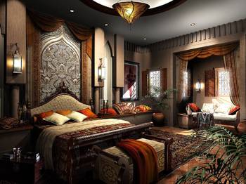 Bedroom in cottage in ethnic style.