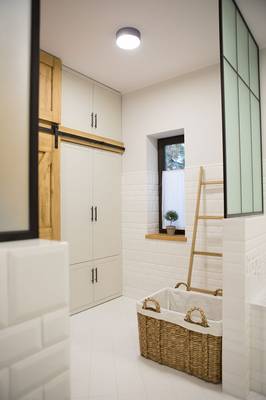 Interior design of bathroom in country house in Mediterranean style.