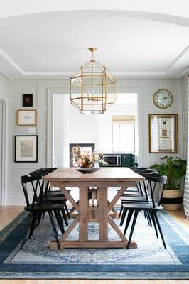 Beautiful design of dining room in country house in scandinavian style.