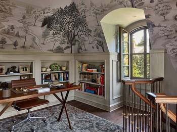 Beautiful design of library in house in renaissance style.