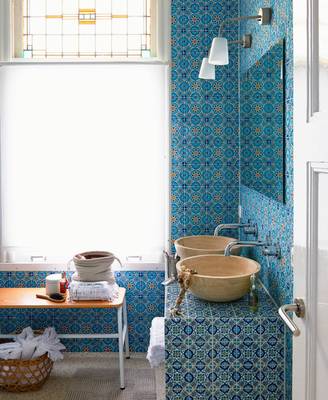 Interior design of bathroom in country house in ethnic style.