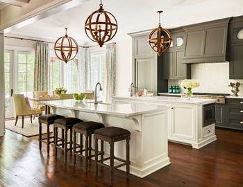 Interior design of kitchen in country house in Craftsman style.