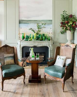 Elegant Living Room with Fireplace Focus: A Symphony of Green Glass and Classical Furniture