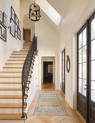 Interior design of stairs in country house.