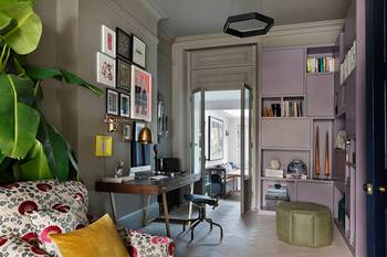 Beautiful example of home office in private house in fusion style.