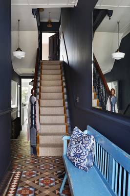 Interior design of stairs in cottage in artistic style.