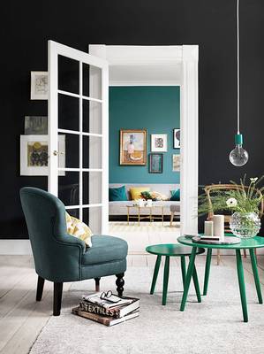 Contrasting Elegance: Black and Turquoise Interior with French Doors