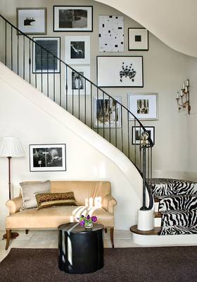 Interior design of stairs in country house in scandinavian style.