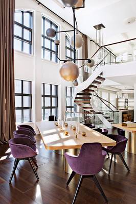 Beautiful example of dining room in house in contemporary style.