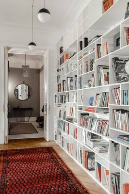 Interior design of library in country house in scandinavian style.