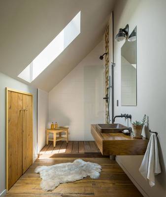 Photo of bathroom in country house in scandinavian style.