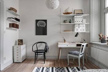 Interior design of home office in cottage in scandinavian style.