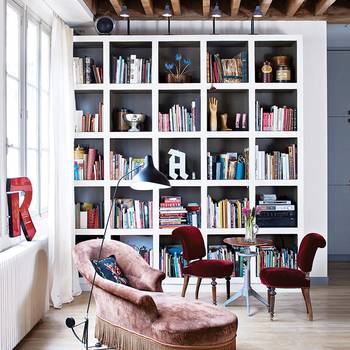 Interior design of library in country house.