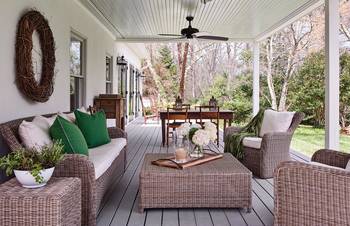 Beautiful design of terrace in private house in Craftsman style.