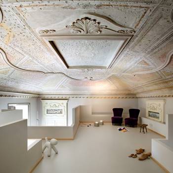 Interior design of attic in cottage in renaissance style.