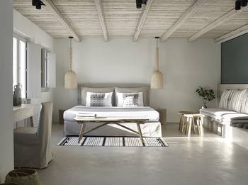 Interior design of bedroom in house in scandinavian style.