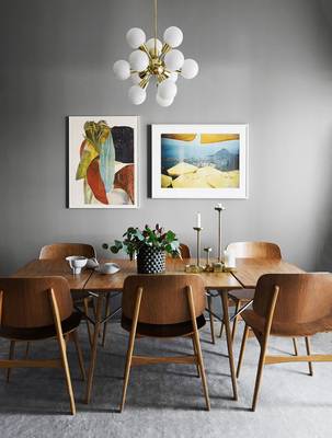 Beautiful design of dining room in house in scandinavian style.