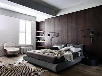 Bedroom interior in private house in loft style.
