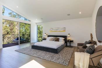 Beautiful example of bedroom in house in contemporary style.