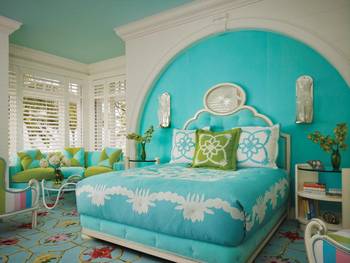 Photo of turquoise color interior in country house.