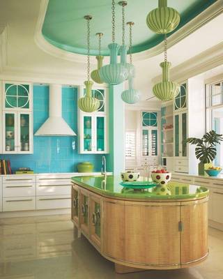 Kitchen interior in private house in fusion style.