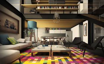 Interior design of studio in house in fusion style.