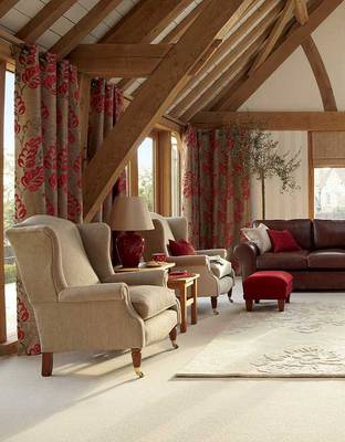 Traditional Elegance Under Wooden Rafters: Interior with Red Accents
