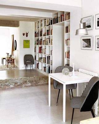 Interior design of library in private house in scandinavian style.