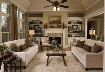 Elegant traditional living room with symmetrical composition and neutral palette