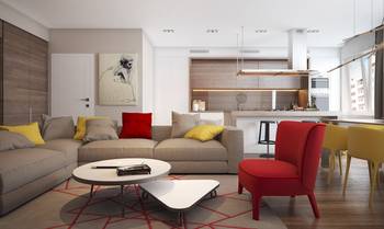 Modern Apartment with Vibrant Accents: Harmony in Open Space