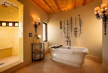 Option of bathroom in cottage in ethnic style.