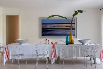Dining room in house in artistic style.