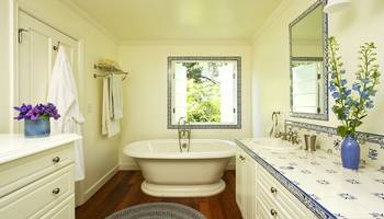 Interior of bathroom in Craftsman style.