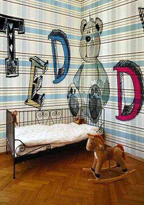 Children's room with artistic painting: teddy bear and volumetric letters on a geometric background