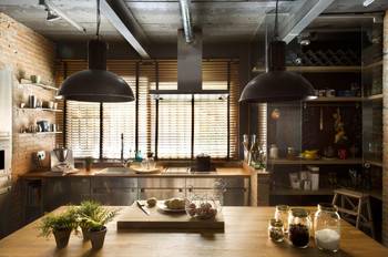 Kitchen interior in private house in loft style.