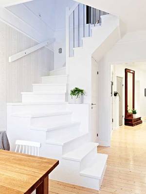 Interior design of stairs in private house in scandinavian style.