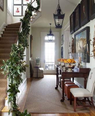 Interior design of stairs in cottage in colonial style.